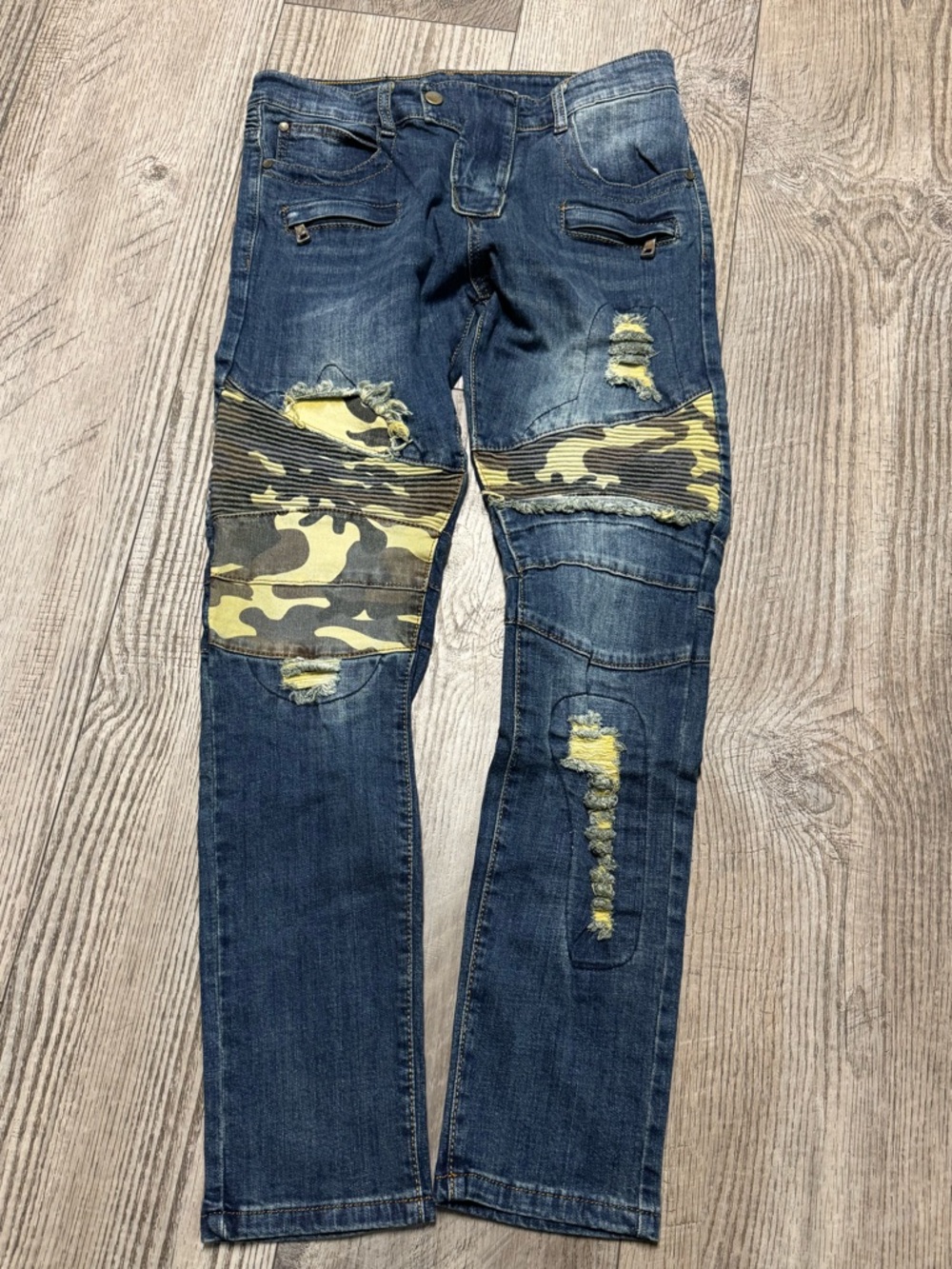 Bie Pa Paris handmade Denim jeans Biker  NWT camo fabric distressed 31 - Picture 5 of 6